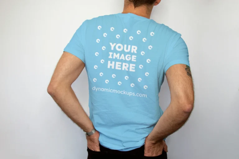 Man Wearing Sky Blue T-shirt Mockup Back View Template