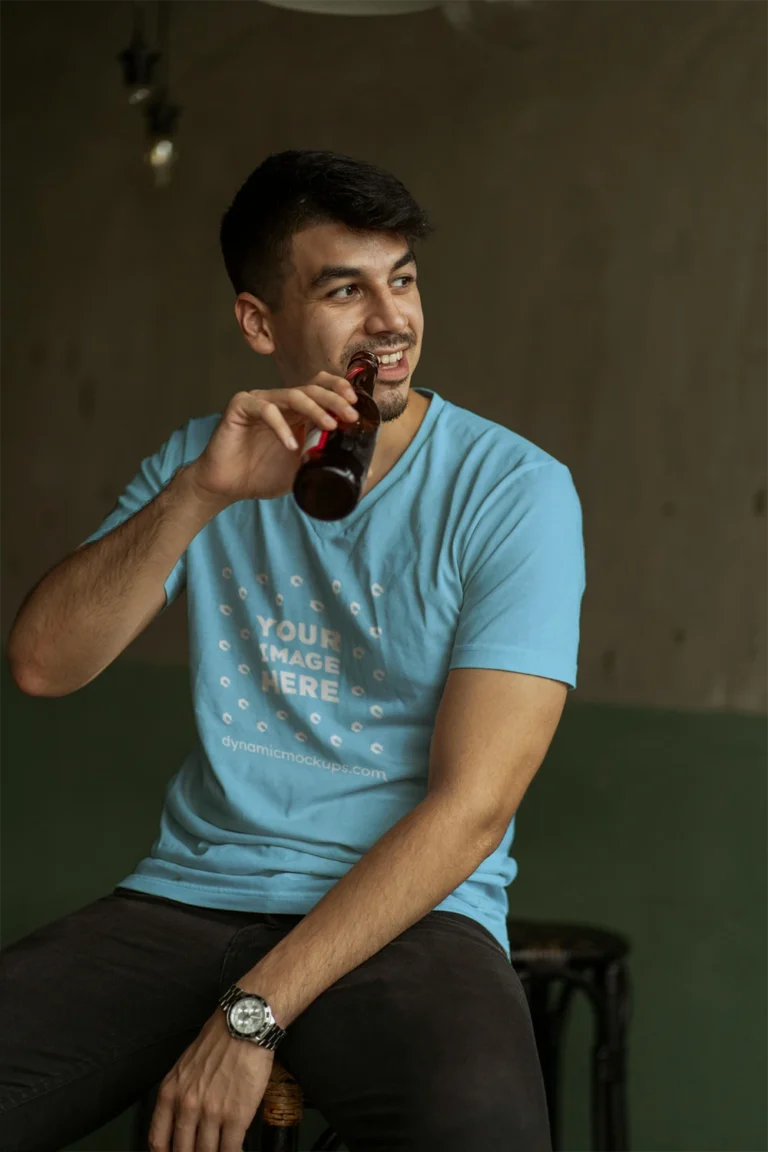 Man Wearing Sky Blue T-shirt Mockup Front View Template