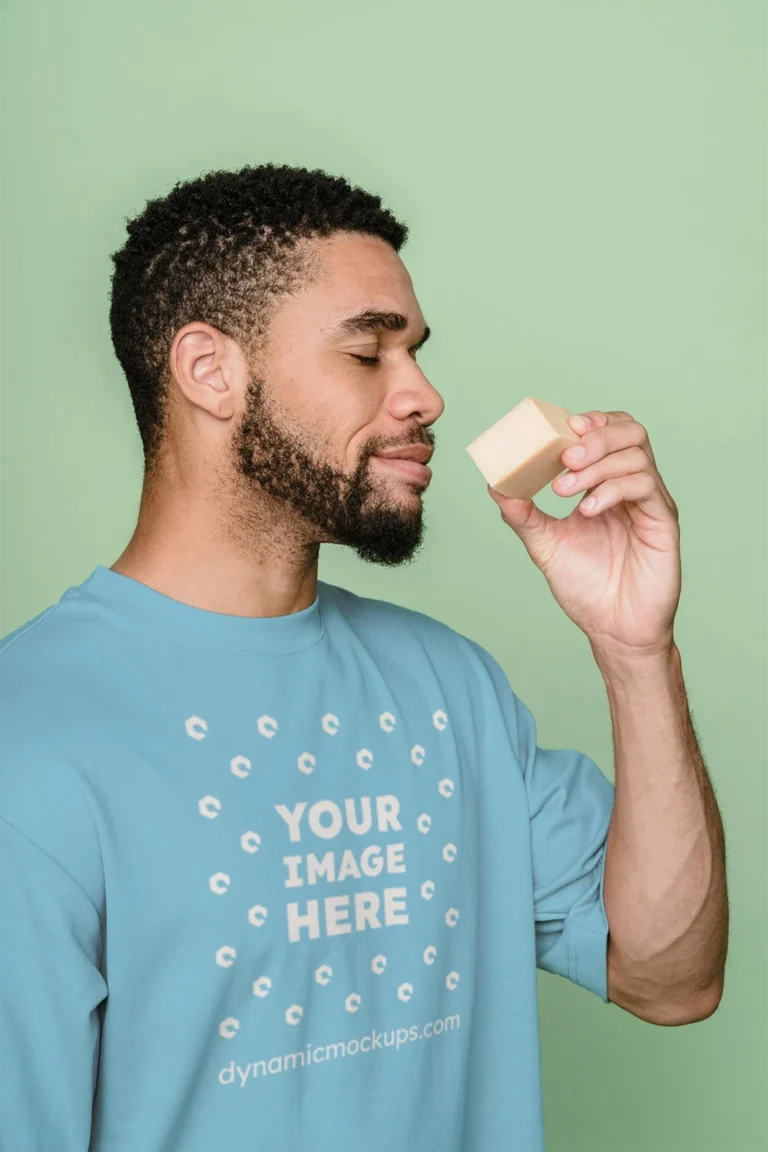 Man Wearing Sky Blue T-shirt Mockup Front View Template
