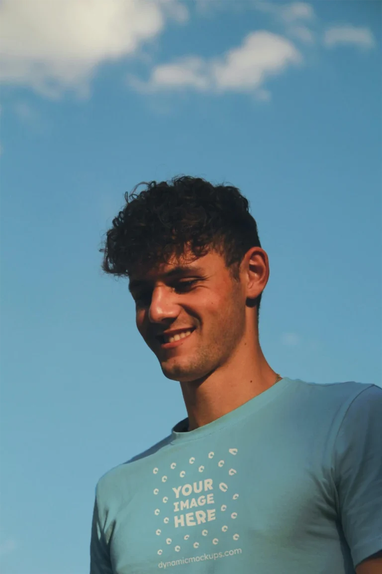 Man Wearing Sky Blue T-shirt Mockup Front View Template