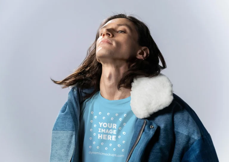 Man Wearing Sky Blue T-shirt Mockup Front View Template