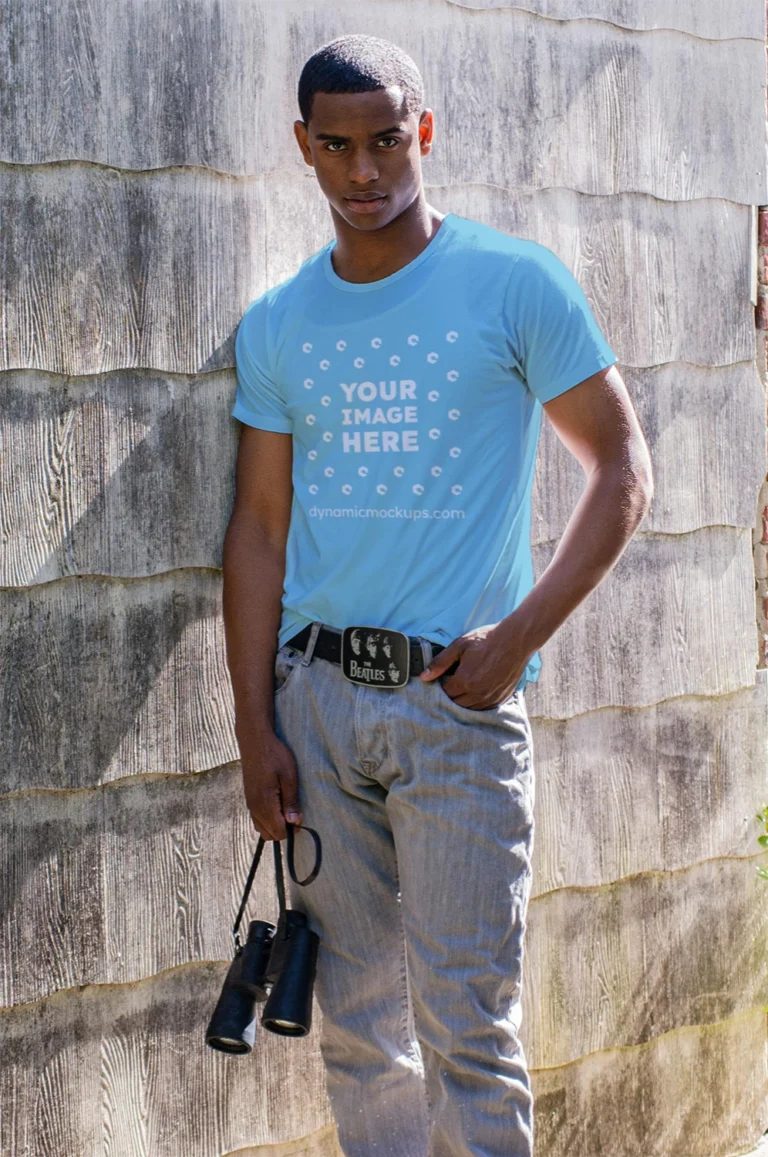 Man Wearing Sky Blue T-shirt Mockup Front View Template