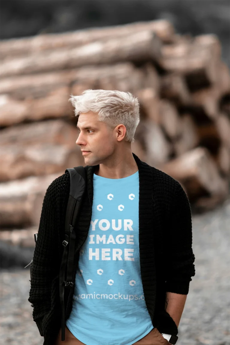 Man Wearing Sky Blue T-shirt Mockup Front View Template