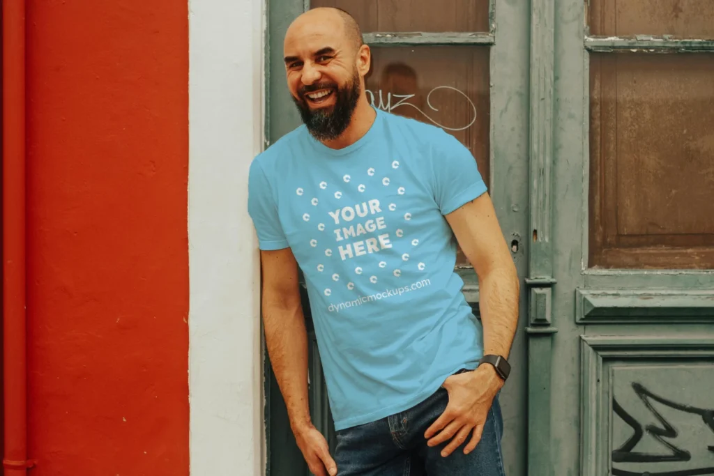 Man Wearing Sky Blue T-shirt Mockup Front View Template