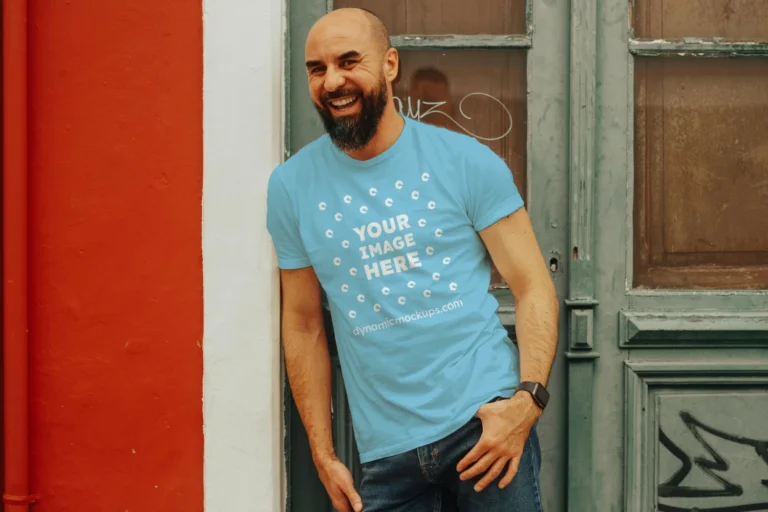 Man Wearing Sky Blue T-shirt Mockup Front View Template
