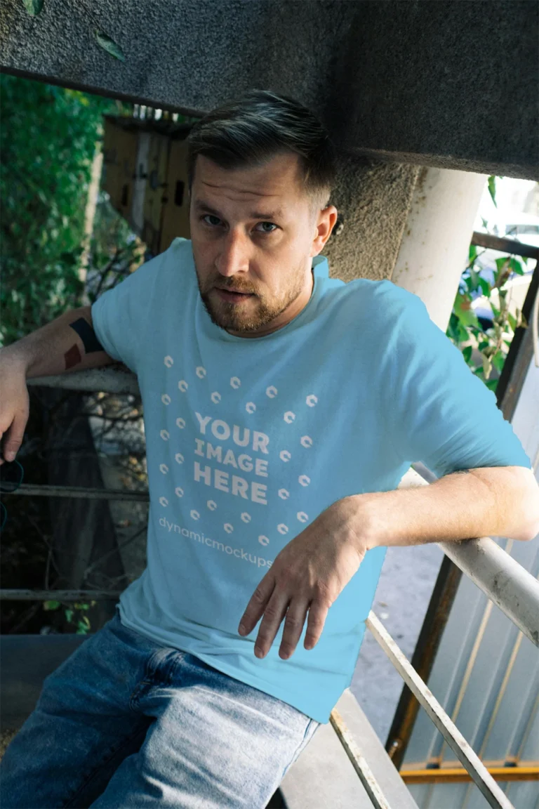 Man Wearing Sky Blue T-shirt Mockup Front View Template