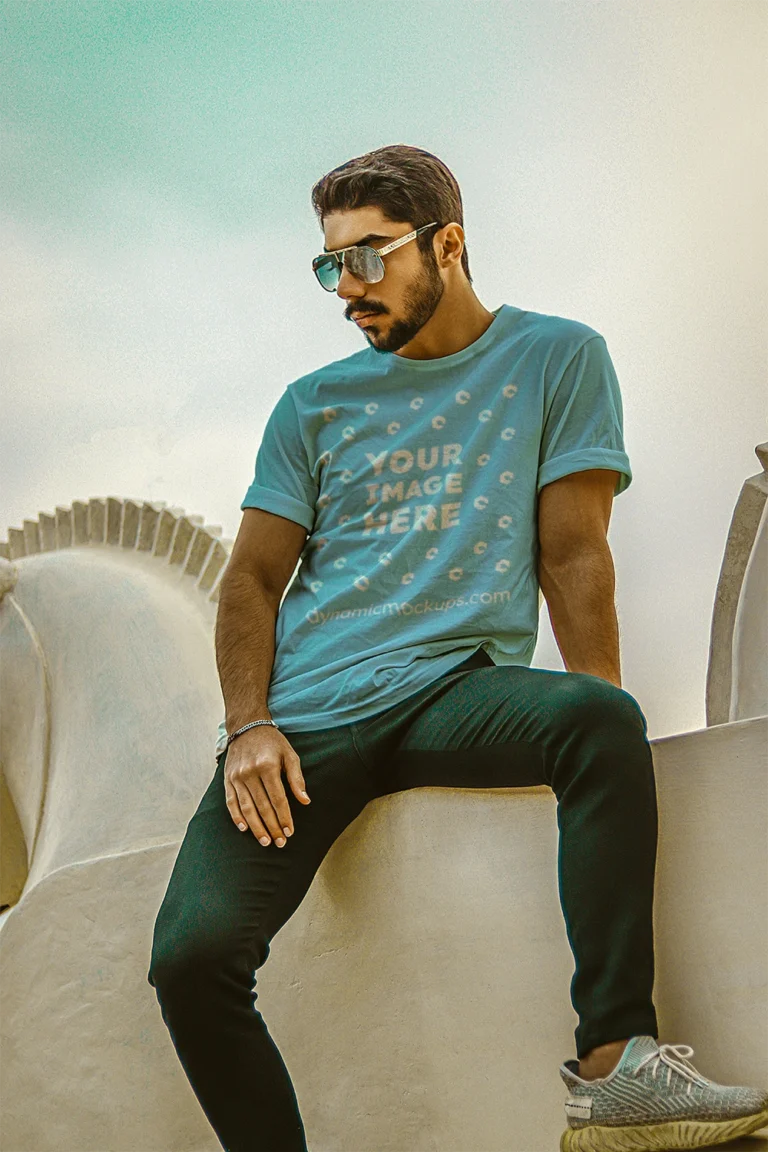 Man Wearing Sky Blue T-shirt Mockup Front View Template