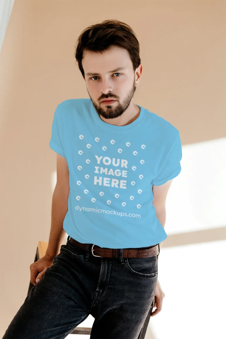 Man Wearing Sky Blue T-shirt Mockup Front View Template