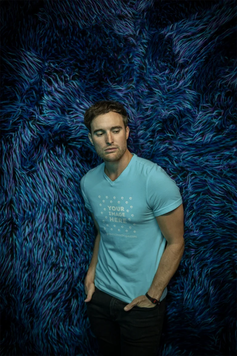 Man Wearing Sky Blue T-shirt Mockup Front View Template