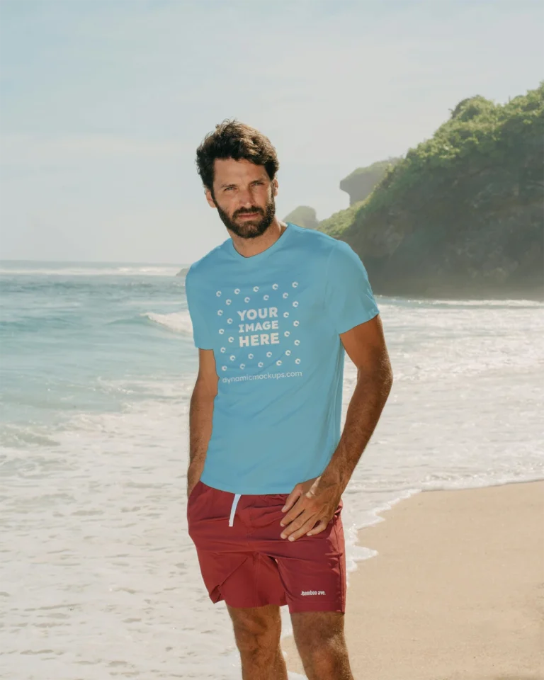 Man Wearing Sky Blue T-shirt Mockup Front View Template