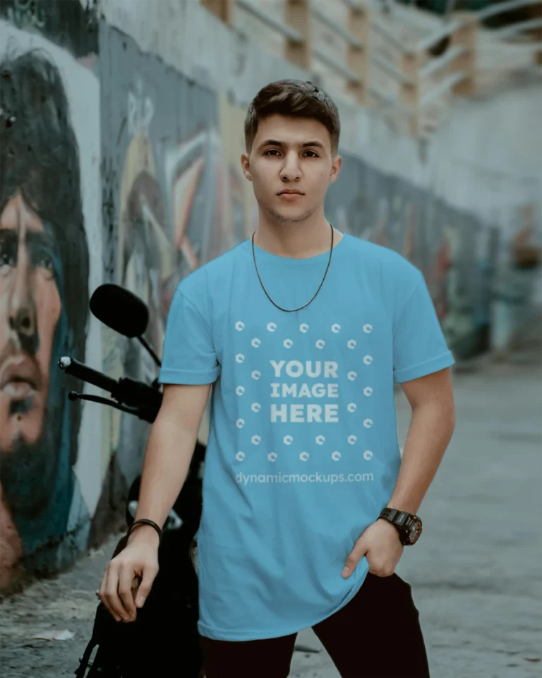 Man Wearing Sky Blue T-shirt Mockup Front View Template
