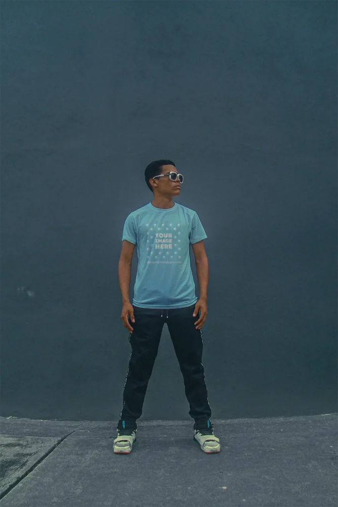 Man Wearing Sky Blue T-shirt Mockup Front View Template