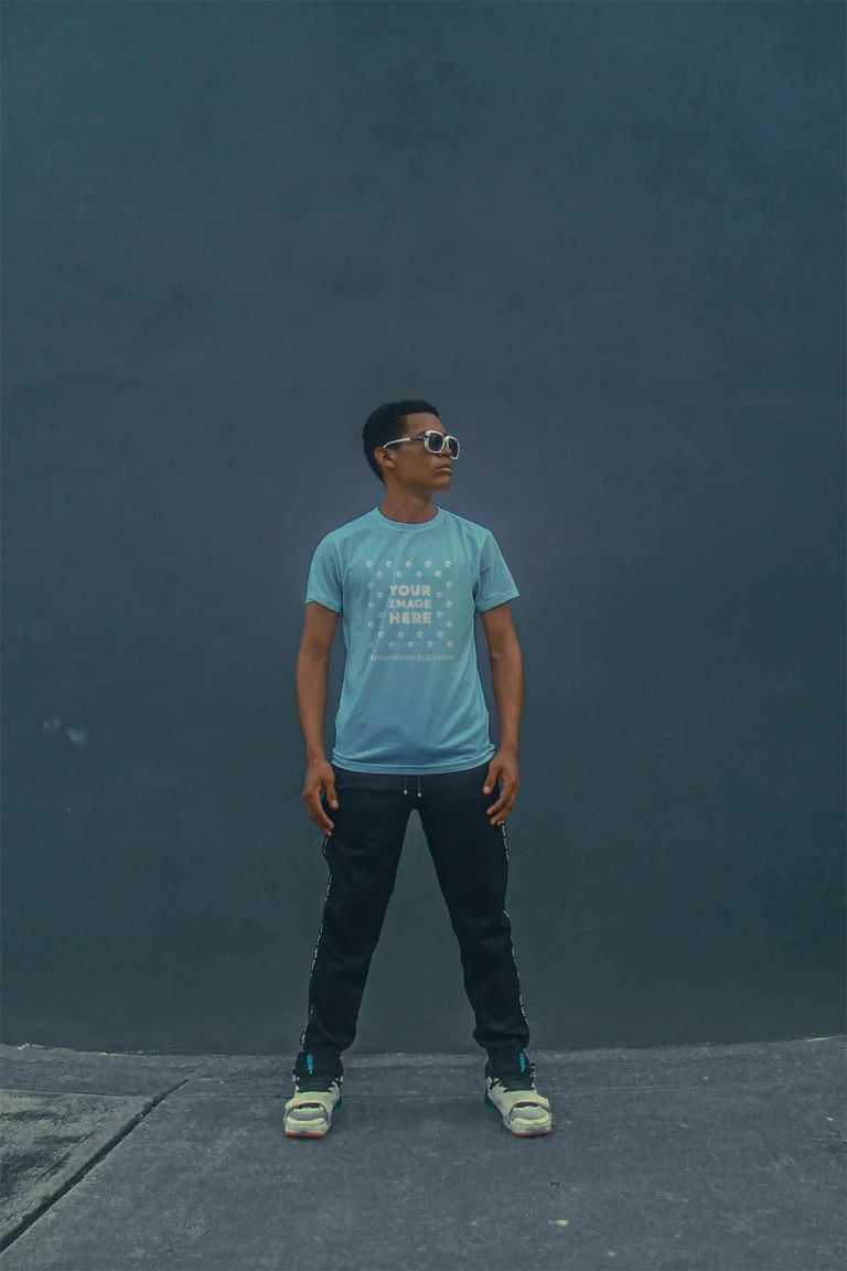 Man Wearing Sky Blue T-shirt Mockup Front View Template