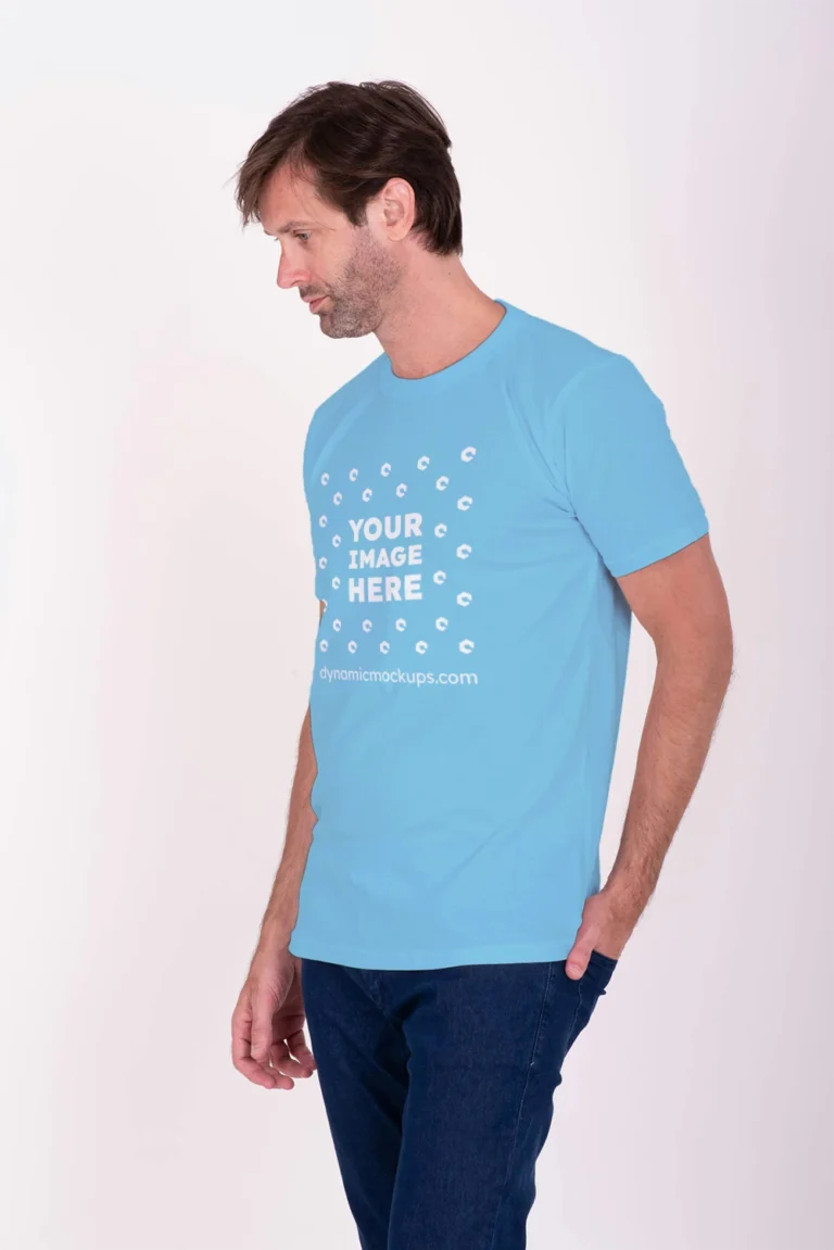 Man Wearing Sky Blue T-shirt Mockup Front View Template