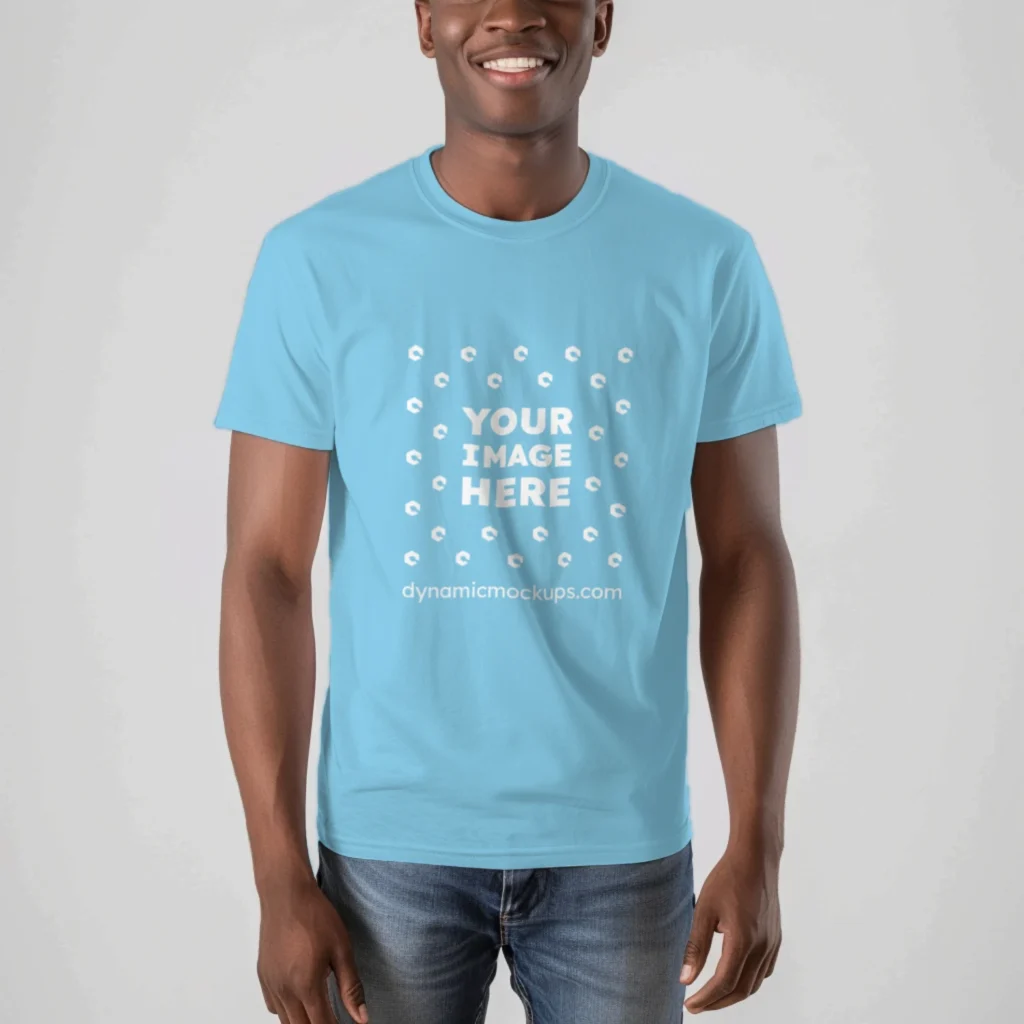 Man Wearing Sky Blue T-shirt Mockup Front View Template
