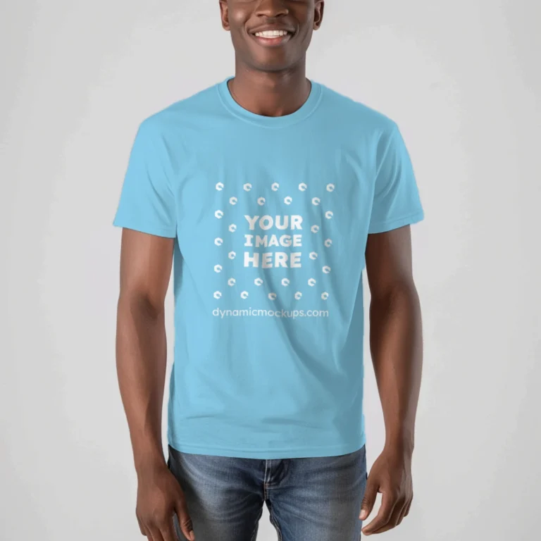 Man Wearing Sky Blue T-shirt Mockup Front View Template