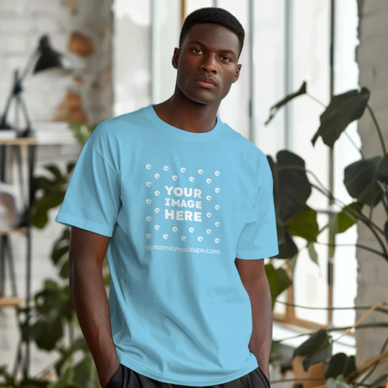 Man Wearing Sky Blue T-shirt Mockup Front View Template