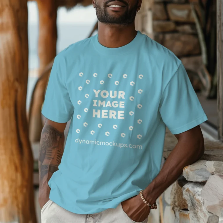 Man Wearing Sky Blue T-shirt Mockup Front View Template