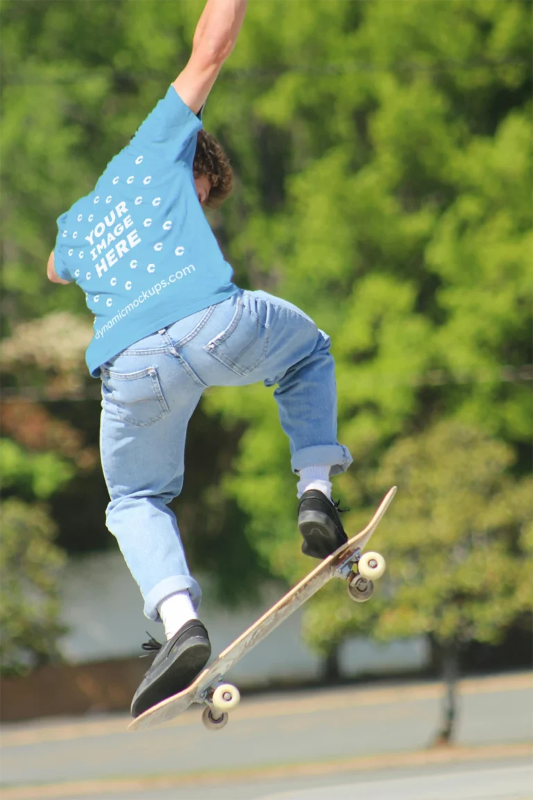 Man Wearing Sky Blue T-shirt Mockup Back View Template