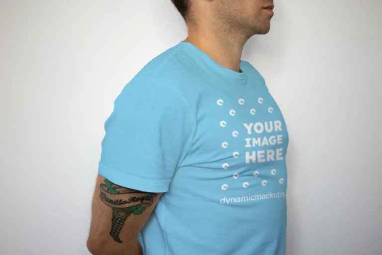 Man Wearing Sky Blue T-shirt Mockup Front View Template