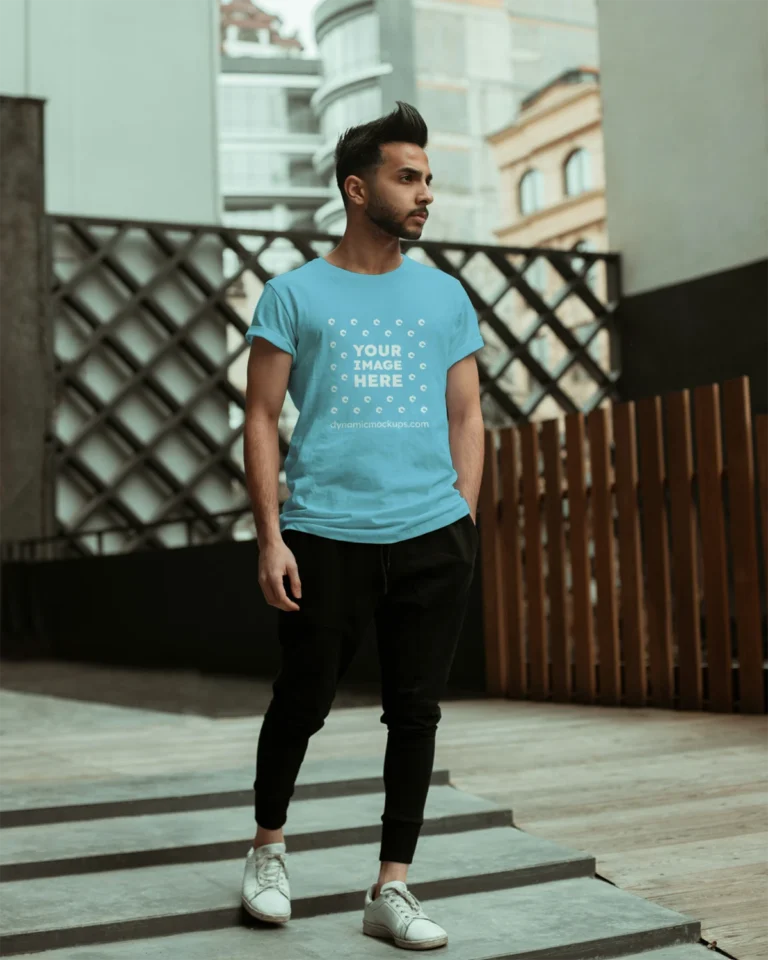 Man Wearing Sky Blue T-shirt Mockup Front View Template