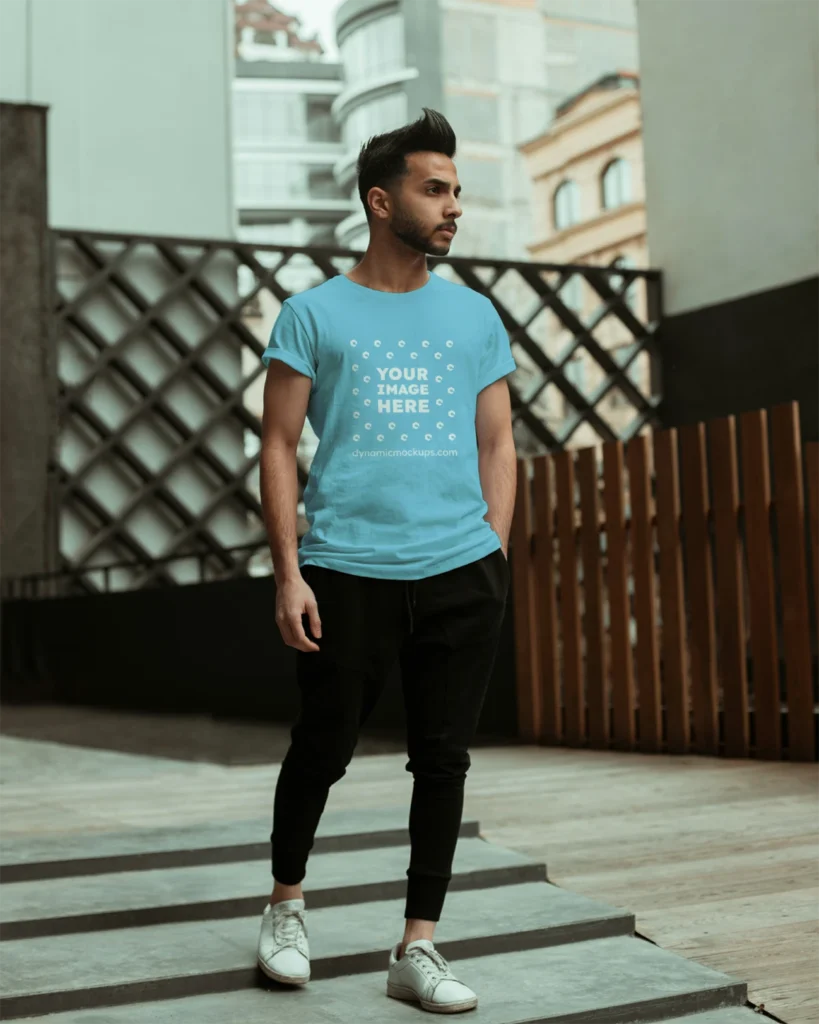 Man Wearing Sky Blue T-shirt Mockup Front View Template