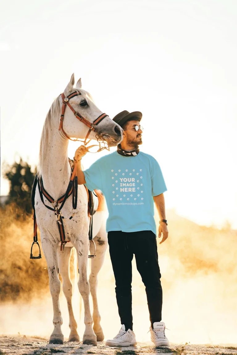 Man Wearing Sky Blue T-shirt Mockup Front View Template