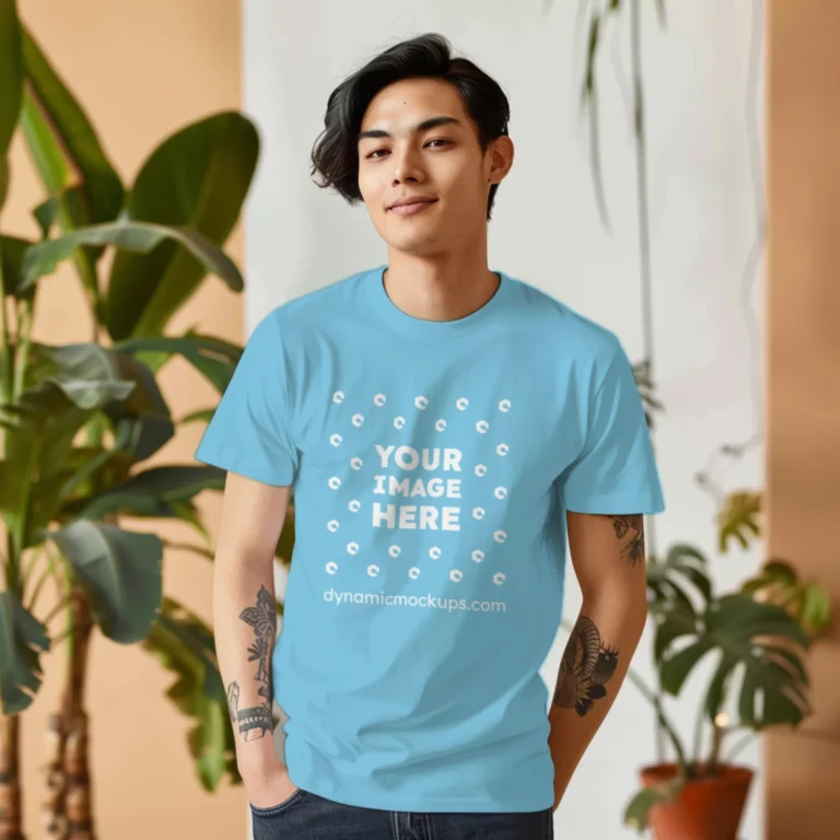 Man Wearing Sky Blue T-shirt Mockup Front View Template