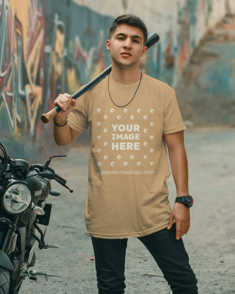 Man Wearing Tan T-shirt Mockup Front View Template
