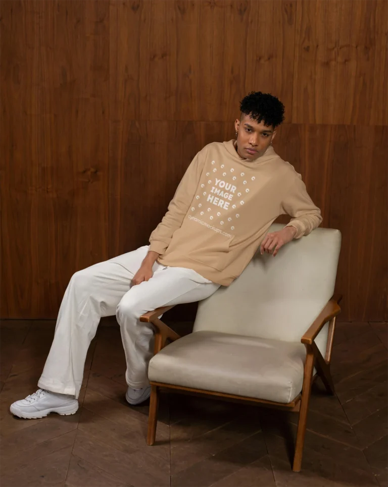 Man Wearing Tan Hoodie Mockup Front View Template