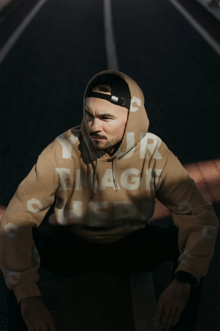Man Wearing Tan Hoodie Mockup Front View Template