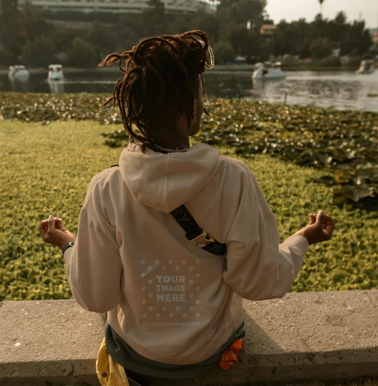 Man Wearing Tan Hoodie Mockup Back View Template