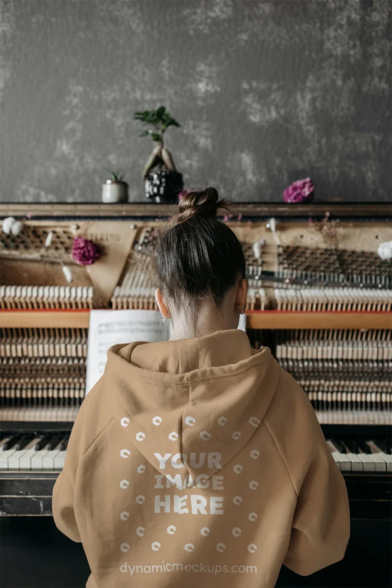 Man Wearing Tan Hoodie Mockup Back View Template