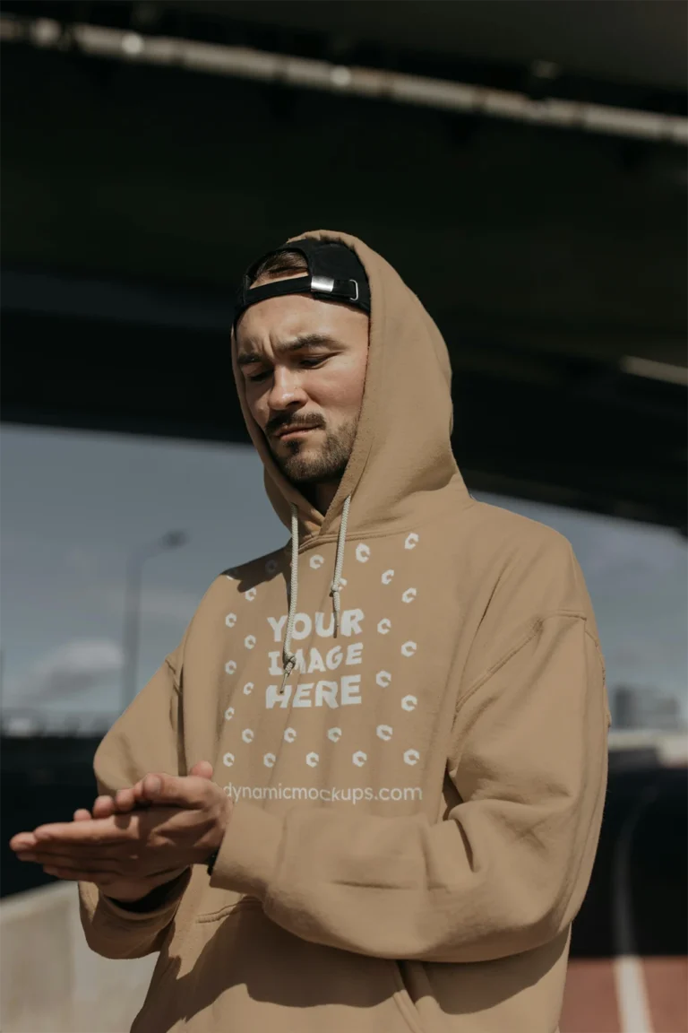 Man Wearing Tan Hoodie Mockup Front View Template
