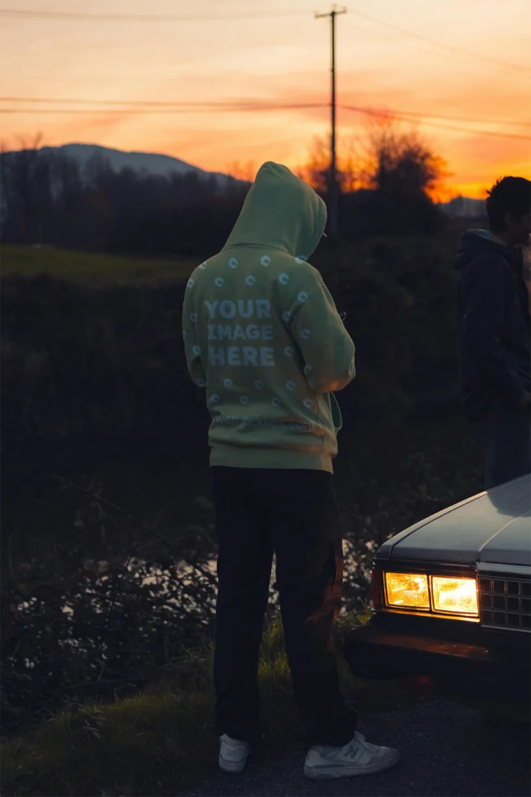 Man Wearing Tan Hoodie Mockup Back View Template