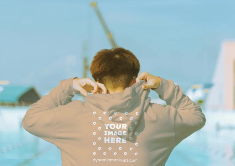 Man Wearing Tan Hoodie Mockup Back View Template