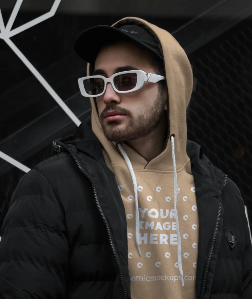 Man Wearing Tan Hoodie Mockup Front View Template