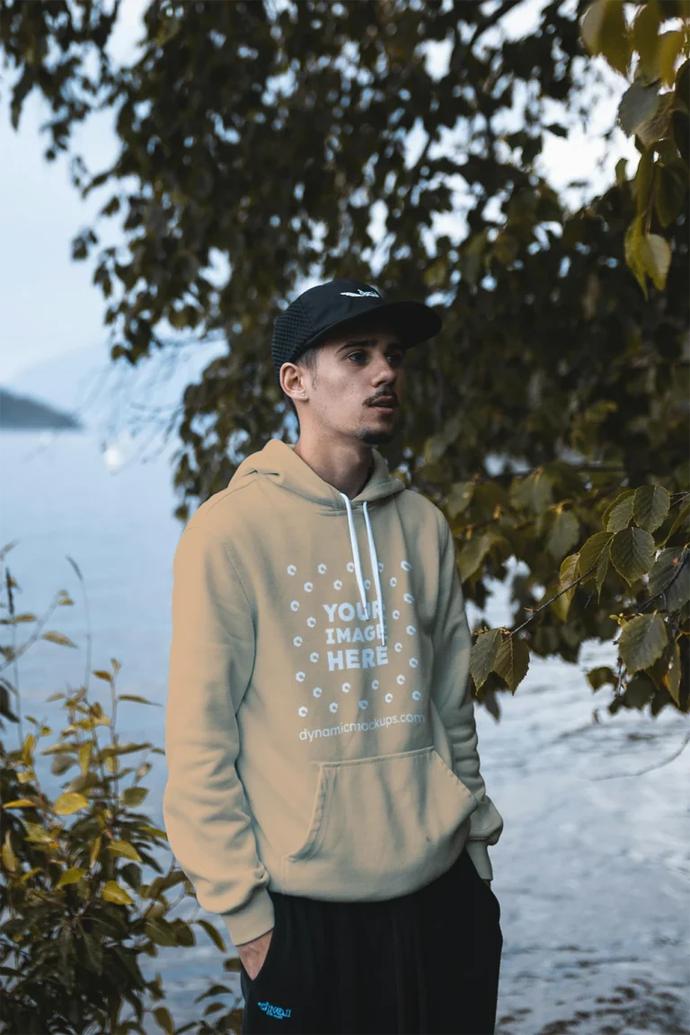 Man Wearing Tan Hoodie Mockup Front View Template
