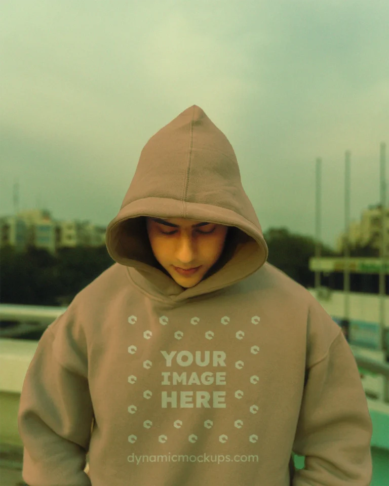 Man Wearing Tan Hoodie Mockup Front View Template