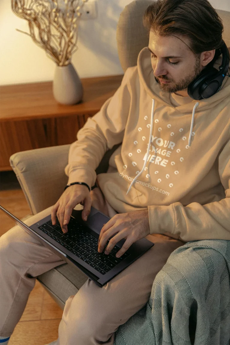 Man Wearing Tan Hoodie Mockup Front View Template