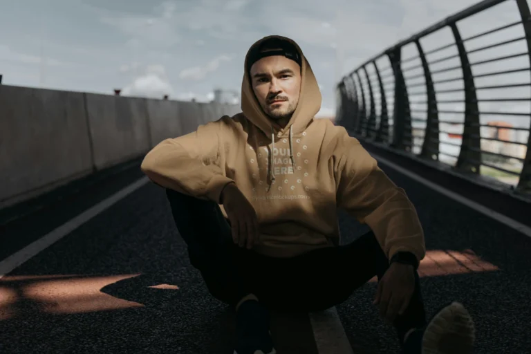 Man Wearing Tan Hoodie Mockup Front View Template
