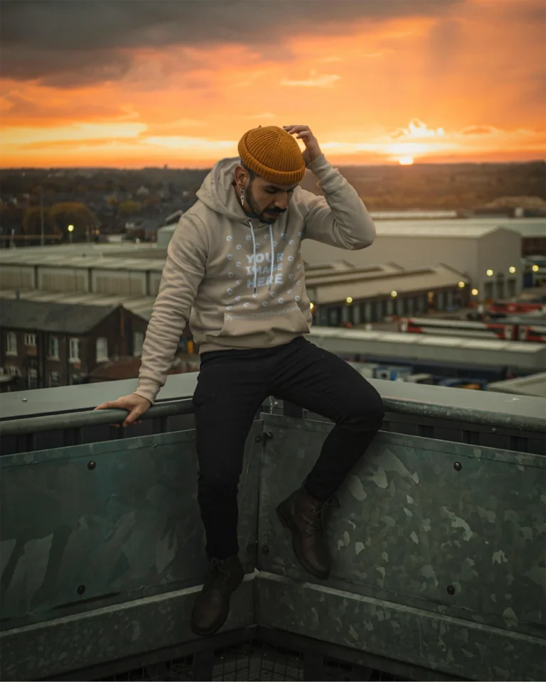 Man Wearing Tan Hoodie Mockup Front View Template