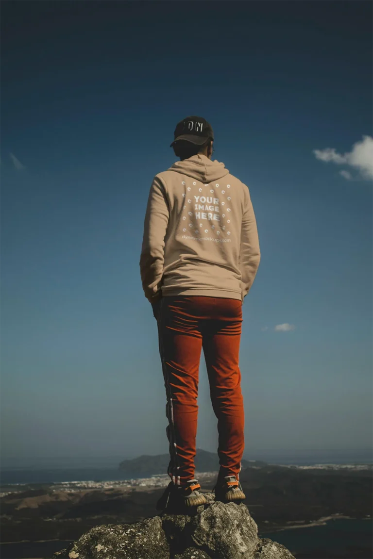 Man Wearing Tan Hoodie Mockup Back View Template