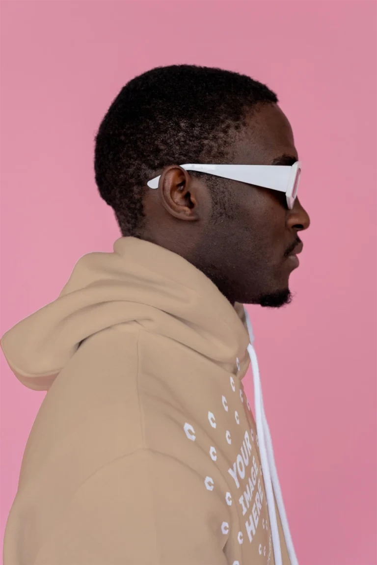 Man Wearing Tan Hoodie Mockup Side View Template