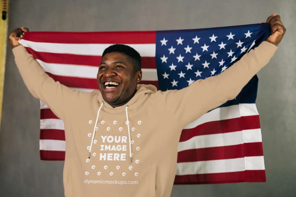 Man Wearing Tan Hoodie Mockup Front View Template