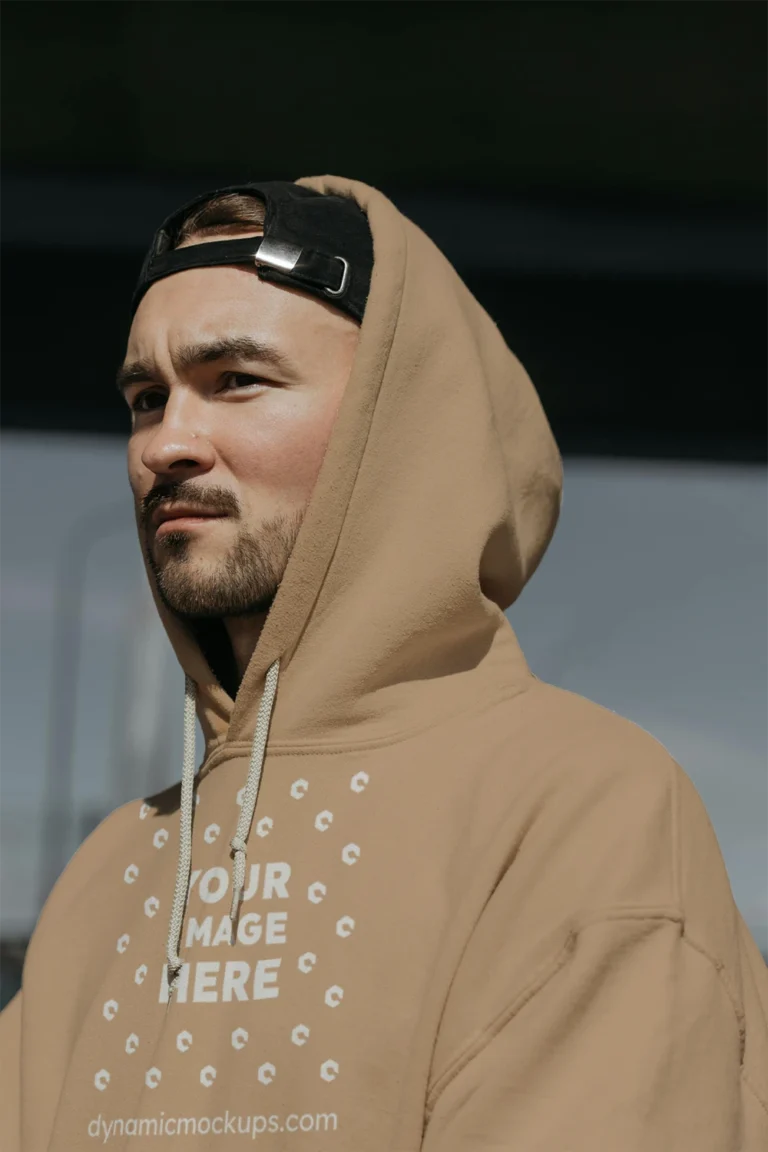 Man Wearing Tan Hoodie Mockup Front View Template