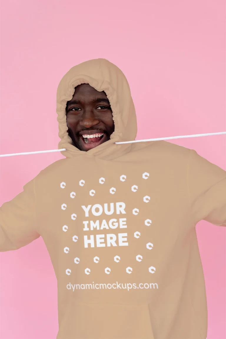 Man Wearing Tan Hoodie Mockup Front View Template