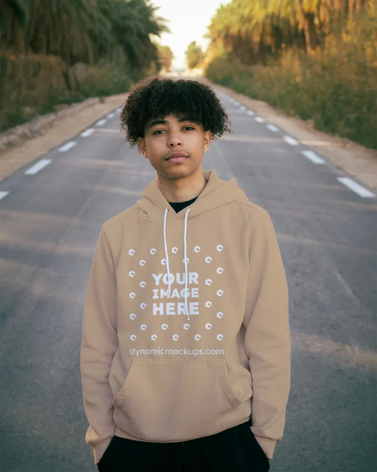 Man Wearing Tan Hoodie Mockup Front View Template