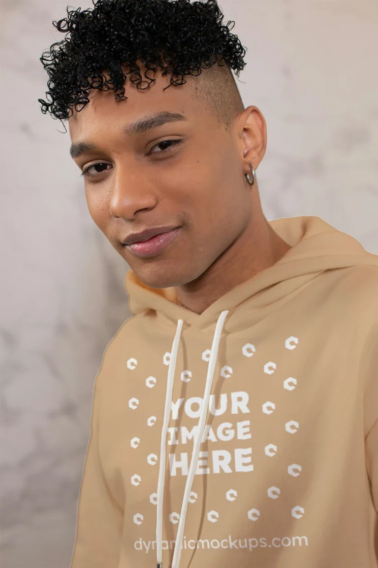 Man Wearing Tan Hoodie Mockup Front View Template