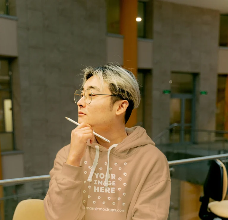 Man Wearing Tan Hoodie Mockup Front View Template